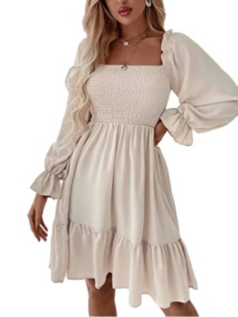SHEIN Cream Smocked Square Neck Long Sleeve Ruffle Hem Dress
